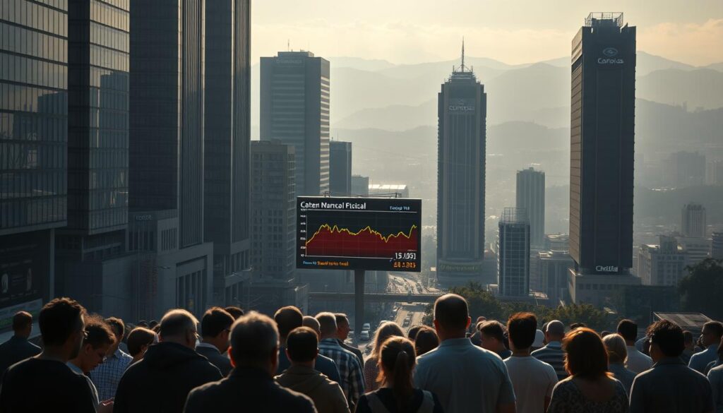 A bustling financial district in Brazil, towering skyscrapers and modern architecture cast long shadows across the streets below. In the foreground, a group of concerned citizens gather, expressions of worry etched on their faces as they discuss the escalating economic impact of inflation. The midground features a large LED display showcasing the latest fluctuations in the Brazilian real, highlighting the volatility and uncertainty gripping the nation. In the background, a hazy skyline with distant hills, conveying a sense of the broader economic landscape being affected. Dramatic lighting casts dramatic shadows, creating a sense of urgency and unease. The overall scene captures the palpable impact of inflation on the everyday lives of Brazilians.