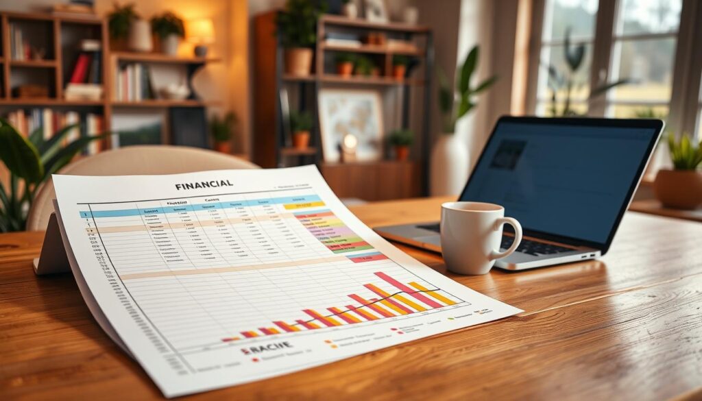 A cheerful, well-organized financial spreadsheet on a wooden desk, illuminated by warm, directional lighting. The spreadsheet features clean, minimalist design with intuitive, color-coded sections. The foreground showcases a colorful, hand-drawn graph or chart, representing key financial data. In the middle ground, a modern laptop and a cup of coffee sit alongside the spreadsheet, creating a productive, focused atmosphere. The background depicts a cozy, inviting home office setting, with bookshelves, potted plants, and a large window letting in natural light. The overall scene conveys a sense of effortless productivity and financial control.