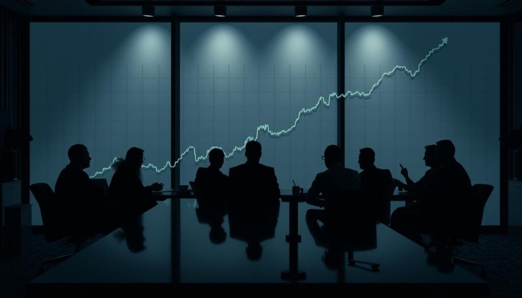 A dynamic stock market chart depicting the Ibovespa (Brazil's main stock index) against a backdrop of a meeting room, with a group of financial analysts engaged in discussion. Dramatic lighting casts shadows across the scene, creating a sense of gravity and importance. The chart shows a clear upward trend, symbolizing the Ibovespa's gains following the Copom (Central Bank of Brazil's Monetary Policy Committee) decision. The room's furnishings and decor evoke a high-stakes financial environment, underscoring the significance of the event. The overall composition conveys the impact of the Copom's decision on the Brazilian stock market.
