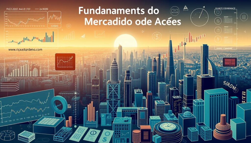 A high-quality illustration of "Fundamentos do Mercado de Ações" depicting a detailed, stylized representation of the stock market and its core concepts. The foreground features various financial charts, stock tickers, and investment instruments like stocks, bonds, and currencies, conveying the complexity and dynamism of the stock market. The middle ground showcases a modern, futuristic cityscape with skyscrapers, reflecting the urban financial centers where stock trading takes place. The background is a panoramic view of the horizon, with a warm, golden glow suggesting a sense of possibility and potential growth. The overall scene is rendered in a sleek, high-tech aesthetic, with a touch of minimalism, to create an authoritative, informative, and visually engaging image.