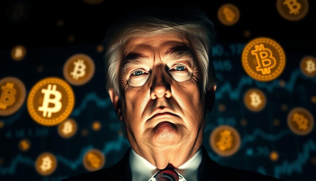 A high-quality portrait of former US President Donald Trump set against a backdrop of floating cryptocurrency symbols and digital financial data. The lighting is dramatic, creating distinct shadows that accentuate the subject's facial features. The lens is focused tightly on Trump's face, placing him in sharp focus while the cryptocurrency visuals are slightly blurred in the background, creating a sense of depth and visual interest. The overall mood is one of power, influence, and the growing intersection between traditional politics and the emerging world of digital assets.