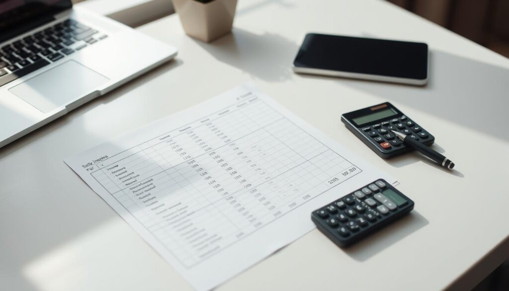 A neatly organized personal finance spreadsheet on a sleek, minimalist desk, with a laptop, a pen, and a calculator. The spreadsheet displays a clear and concise overview of income, expenses, and savings. Soft, natural lighting illuminates the scene, creating a calming and focused atmosphere. The composition emphasizes the importance of financial control and organization, with the spreadsheet as the central element. The scene conveys a sense of productivity, efficiency, and financial responsibility.