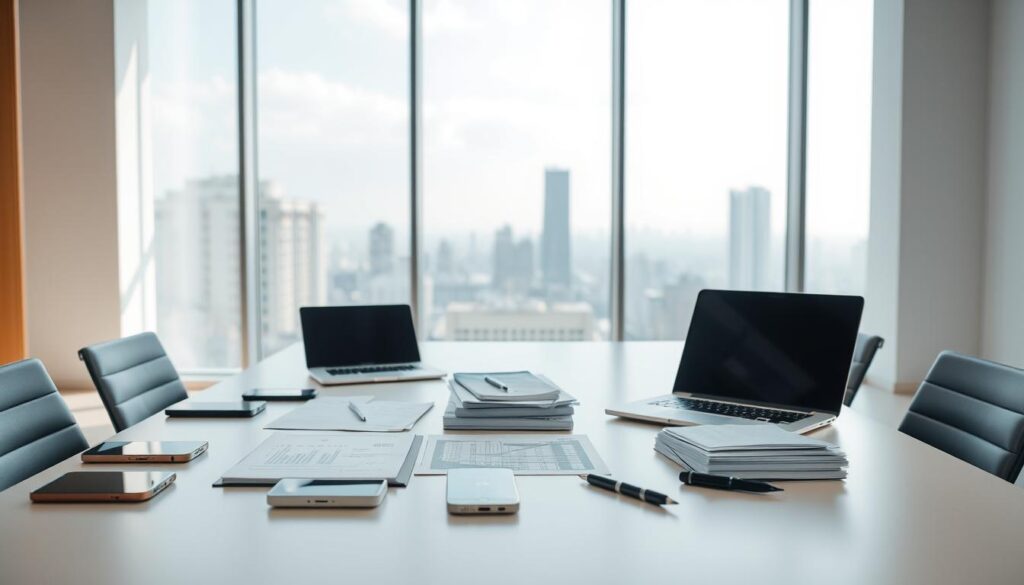 A serene, modern office interior with a large desk featuring various financial and investment-related items. On the desk, there are several mobile devices, a laptop, a stack of documents, and a pen. The background showcases a clean, minimalist design with large windows offering a scenic city view. The lighting is soft and natural, creating a relaxing and productive atmosphere. The overall scene conveys the idea of efficient investment management through the use of technology and organized financial tools.