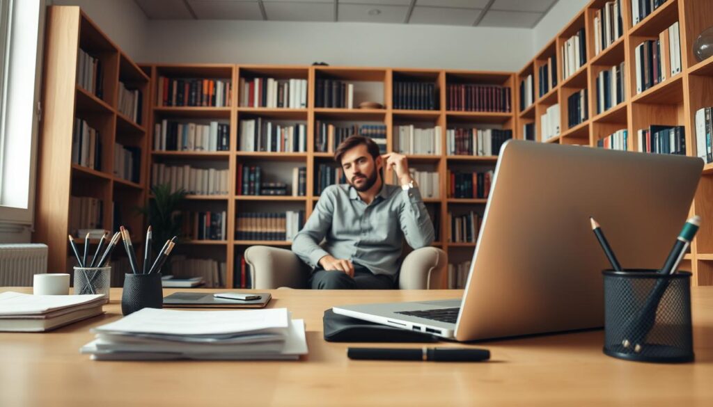 A serene, well-lit office scene, captured with a wide-angle lens. In the foreground, a neatly organized desk with a laptop, a stack of papers, and a pen holder. In the middle ground, a person sitting in a comfortable chair, deep in thought, contemplating financial strategies to pay off debts. The background features bookshelves lining the walls, creating a sense of knowledge and problem-solving. Soft, warm lighting illuminates the space, conveying a feeling of calm and focus. The overall atmosphere is one of quiet determination and a thoughtful approach to overcoming financial challenges.