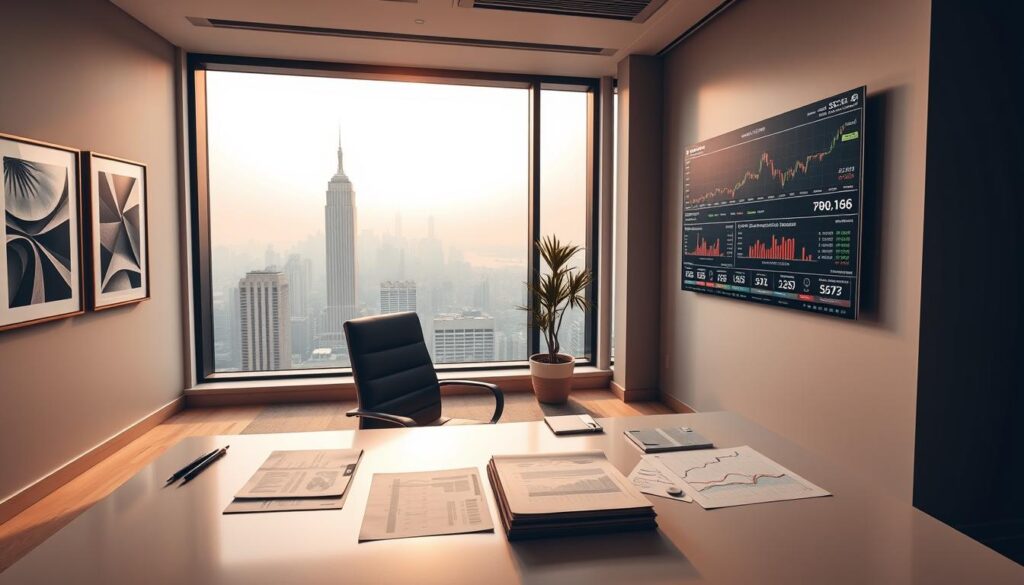A sleek, modern office setting with a large window overlooking a bustling city skyline. In the foreground, a well-designed desk with a laptop, charts, and financial documents neatly arranged. On the walls, minimalist artwork and a digital display showcasing real-time stock market data and investment portfolio analytics. In the middle ground, a stylish office chair and a potted plant, creating a sense of balance and productivity. The lighting is warm and indirect, casting a professional, focused atmosphere. In the background, the cityscape beyond the window is hazy and atmospheric, subtly emphasizing the digital nature of contemporary investment management.