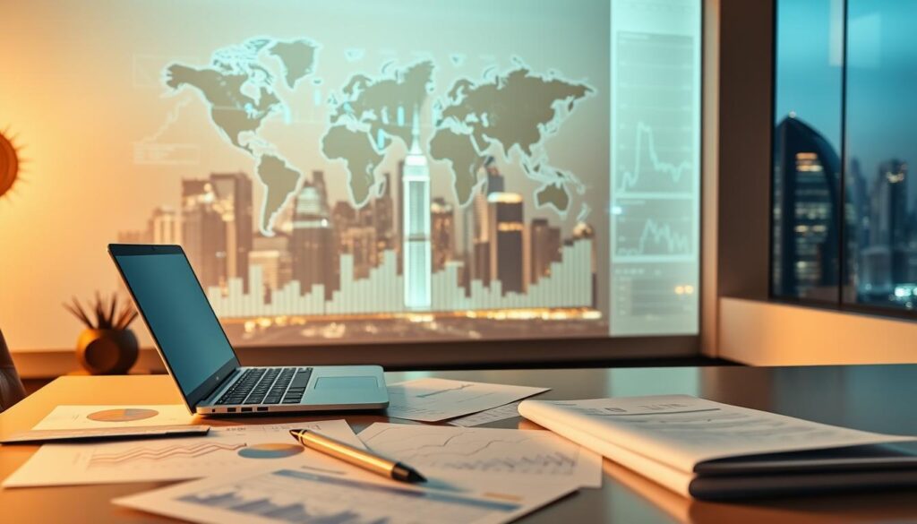 A tranquil and sophisticated investment scene. In the foreground, a neatly organized desk with a laptop, pen, and financial documents. In the middle ground, a large world map and various financial charts and graphs projected onto the wall, illuminating the space with a soft, ambient glow. The background showcases a panoramic view of a bustling city skyline, conveying a sense of economic growth and opportunity. The lighting is warm and inviting, creating a sense of professionalism and expertise. The overall atmosphere is one of strategic analysis, careful planning, and confident decision-making, reflecting the security and success of investing in the stock market.