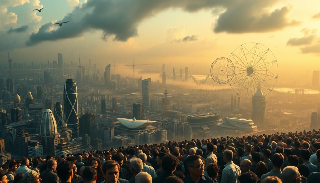 Detailed scene depicting Brazil's debt landscape: A sprawling, bustling urban center with a dense concentration of high-rise buildings and infrastructure, representing the financial heart of the nation. In the foreground, a crowd of people, faces etched with worry and uncertainty, symbolizing the personal toll of rising debt levels. The mid-ground features an intricate web of financial charts, graphs, and ledgers, conveying the complex, interconnected nature of the debt crisis. The background is hazy, ominous, with dark clouds gathering, suggesting the looming economic uncertainty. The lighting is a mixture of harsh, fluorescent tones and muted, subdued hues, creating a sense of unease and tension. The overall atmosphere is one of complexity, anxiety, and the pressing need for a solution to the nation's debt challenges.